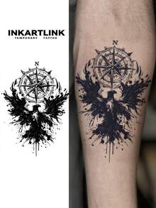INKARTLINK 维京凤凰临时纹身贴纸，北欧神话不朽之鸟纹身贴纸，防水持久15天，战神图腾贴纸 - 黑色 - 查看 1