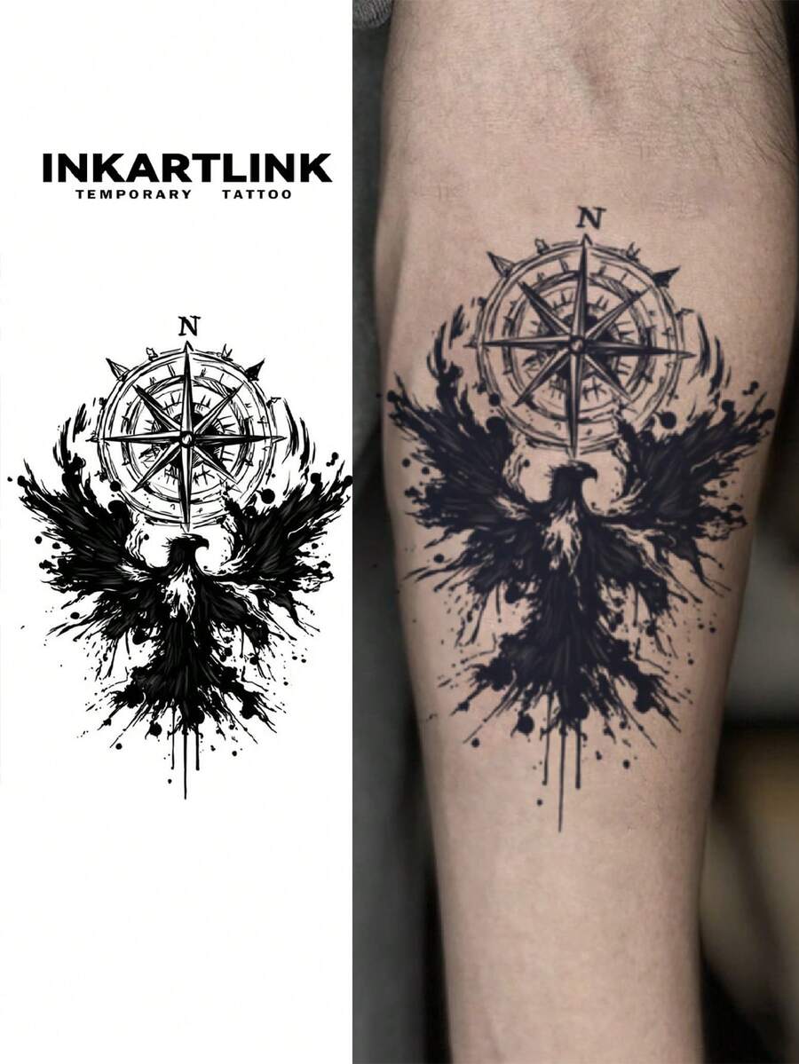 INKARTLINK 维京凤凰临时纹身贴纸,北欧神话不朽之鸟纹身贴纸,防水持久15天,战神图腾贴纸 - 黑色 - 查看 1