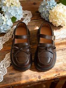 Girls Mary Jane Dress Shoes Bow Strap Thick Sole School Uniform Flats For Daily Wear - màu nâu - Xem 2