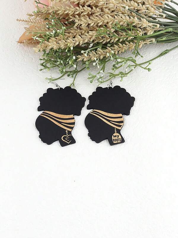 1 par de pendientes de madera negra tallada con corazón "REINA" de mujer africana, pendientes creativos y únicos con patrón nacional africano
