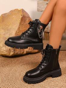 2025 Neue Frauen Punk Stil Schädel Kette Stiefel | Dicke Sohle Erhöhte Personalisierte Knöchel Stiefel | Modische Motorrad Stiefel | Unerlässlich für Halloween, Weihnachten und vielfältige Anlässe - Schwarz - Übersicht 5