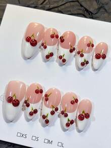 10片装 3D迷你樱桃杏仁形白色法式可爱少女Y2K美甲片 简约百搭裸粉色底 手工制作 可佩戴美甲贴片 适合日常佩戴和使用 按压式美甲片 人造指甲 美甲配件 美甲用品 - 紅白色 - 查看 3