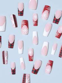 Christmas 24pcs Matte Long Coffin Snowflake Designs French Tip Press-On Nails Perfect Fit Acrylic False Nails Set, Including 1pc Jelly Glue And 1pc Nail File, Fall Nails & Sweater Nails Suitable For Party, Prom, Festival Use - Multicolor - View 3