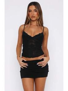 European And American Style Sexy V-Neck Lace Patchwork Solid Color Camisole New Slim Fit Versatile Top - Black - View 7