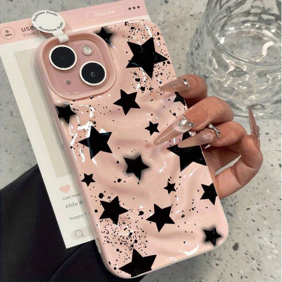 Funda negra con estrellas, diseño de meteorito, pliegue irregular de alta calidad, compatible con phone 16/15/14/13/12 Pro, 14, 15, 16 Plus, 11, 12, 13, 14, 15 y 16 Pro. Diseño elegante, antideslizante, suave y resistente a caídas. - Rosa - Ver 1