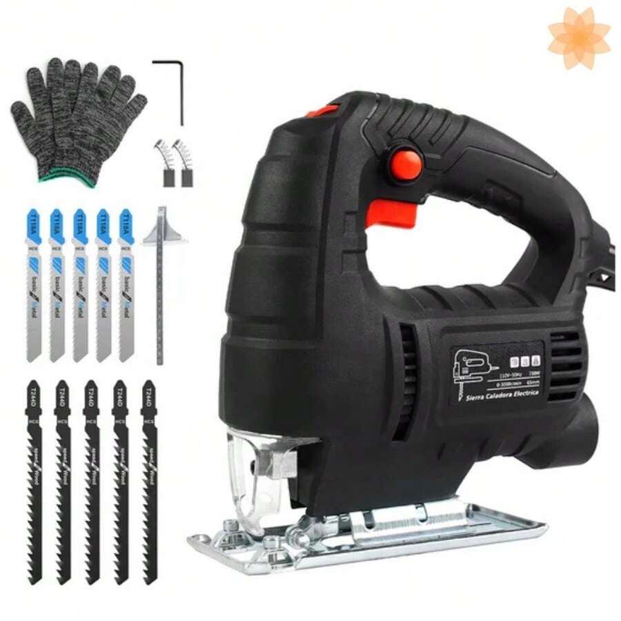 Sierra Caladora Eléctrica 6 Velocidades Ajustables, Sierra Caladora Eléctrica Profesional Cierra Para HerramientasDe Corte , Varios Accesorios, Abrazadera Y Porta Cuchilla Sierra Para Madera/metal/plástico - Incluye Sierras, Guantes - Negro - Ver 1