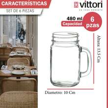 VITTORI MX Set Of 6 Glass Jars Mason Jar Smooth Vintage Glass 480ml Transparent Color - Crystalline - View 6