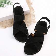 女士純色平底涼鞋，休閒彈性帶夏季鞋，無帶海灘鞋