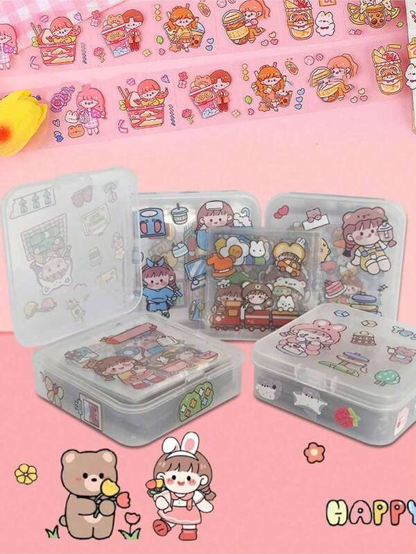 100pcs/Box Cartoon Pattern Sticker Set, Cute Multi-Purpose Stickers For DIY, Decorating Notebooks, Water Bottles, Appliances, Laptops, Planners, Gifts For Kids, High-Quality Stickers For Girls, Elementary Students, Children's Scrapbooking, Transparent Cartoon Phone Case Decor