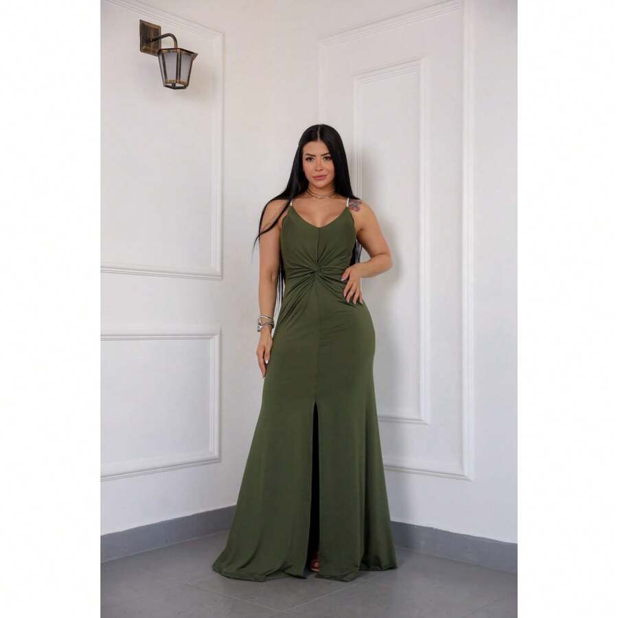 Long Formal Dress For Parties, Weddings, Bridesmaids, Graduations, With Straps, Rhinestones, And Built-In Bra Cups. - xanh quân đội - Xem 1