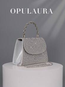 OpulAura 女士时尚银色水钻翻盖晚宴包，闪耀优雅奢华水晶装饰派对手拿包/单肩包，适合搭配正式礼服、参加派对、盛大晚宴、生日庆典、新娘配饰、婚礼等场合。 - 銀色 - 查看 1
