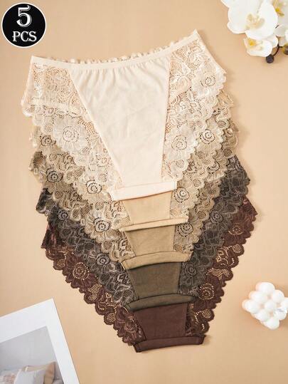 5pcs Lace Trim Panties Set, Everyday Wear
