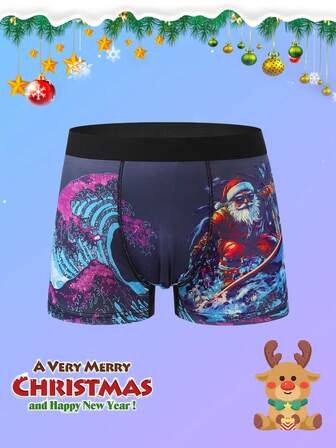 Christmas Men's Boxer Shorts, Featuring A Custom Animated Pattern Of Santa Claus Surfing With Christmas Elements, Are A Christmas Gift For Men. They Are Sewn And Pieced Together, Suitable For Comfortable Wear At Home, At Work And During Exercise,Of Men Underwear.