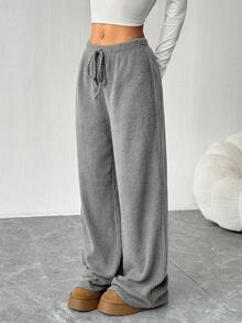 Plus Size Solid Color Warm Fleece Feeling Wide Leg Straight Pants, Loose Casual Long Trousers For Women, Suitable For Daily Wear & Home, Autumn/Winter - Silver - View 4