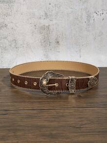 1pc Western Style Embossed Gold-Edged Decorative Belt, Made Of High-Quality PU Material, Suitable For Daily Wear, Boho Style, Halloween, Summer, Autumn, Winter, Outings, Sports, Galas, Parties, Jeans, Back To School, Graduation, Gifts, Commuting