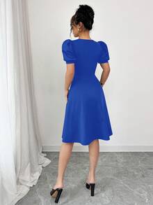 Casual Women Button Decor Lantern Short Sleeve Solid Color Dress Summer Elegant - Royal Blue - View 2