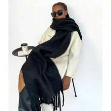 1 Women's Winter Plush Long Scarf With Fringe - Soft And Thick, Windproof And Warm Scarf, Multi-Functional For Everyday Wear, Suitable As A Christmas Gift - 黑色 - 查看 4