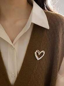 1pc Women's Zinc Alloy Vintage Suit Brooch With Hollow Out Double Heart Shape, Faux Pearl And Rhinestone Decoration Valentine's Day Valentines Dress Accessories Pin For Clothes Bag Charm School Office Accessories Shirts Jacket Jewelry Christmas Halloween Clothes Pin Funny Cute Teacher Gifts - A - View 2