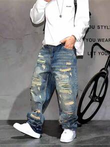 Calça Jeans de Perna Larga e Larga com Estilo Vintage de Streetwear Americano, Calça Jeans Reta Relaxada para Homens