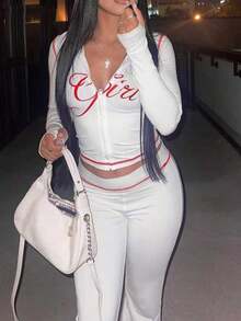 FQLWL Women's Casual Street Style Tracksuit, Printed Zip-Up Hoodie And Pants Set, Long Sleeve 2-Piece Outfit - White - View 1