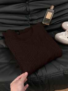 Suéter feminino de gola redonda com estilo vibrante, tecido de malha torcida, cor sólida, minimalista, casual, esportivo, ideal para o dia a dia, estilo urbano, perfeito para outono/inverno e Dia dos Namorados. - Castanho - Ver 4