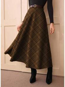 High Waisted A Line Midi Skirts Women With Pockets, Plaid, Elegant, Work Dress, Long, Wool Tartan, Flowy, Fall & Winter Skirts, Going Out Outfits Women, Coffee Color - 棕色 - 查看 10
