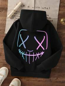 1pc Tween Boys' Casual Printed Pullover Sweatshirt, Thermal Lined, Long Sleeve, Autumn/Winter - Black - View 2