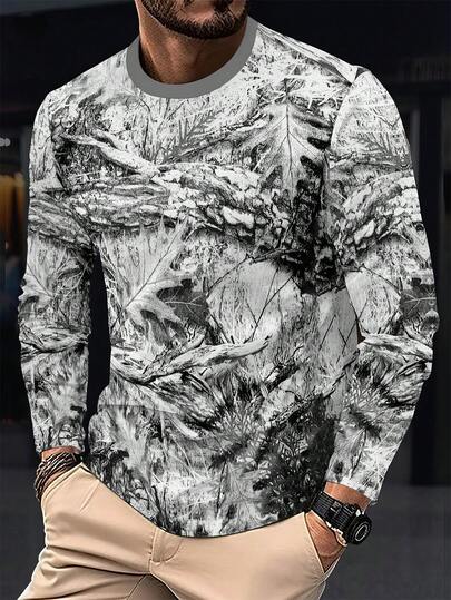 3D Digital Floral Leaf And Branch Pattern Crew Neck And Long Sleeve T-Shirt, Men's Spring And Autumn Fashion Tee, Stylish And Cool Tops For Outdoors And Sports Wear