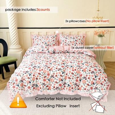 3pcs Bedding Set, Floral Ruffled Farmhouse Style, Breathable Printed Fabric, Suitable For Bedroom/Guest Room/Dormitory/All Seasons, Multiple Sizes Available, Floral AB Version Duvet Cover Set - 100% Polyester, Zipper Closure, (2 Pillowcases, 1 Duvet Cover/No Filling), Holiday Gift, Souvenir, Gift