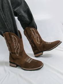 Botas Ocidentais Unissex, Botas de Cowboy Bordadas em Camurça, Botas de Bico Quadrado, Estilo de Casais