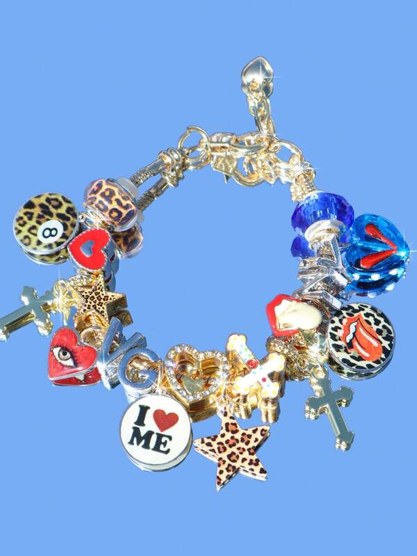 1pc Leopard Print & Star Girl Charm Bracelet, 1pc Heart Cross Bracelet, 1pc Love Yourself Slogan Bracelet, 1pc Leopard Print 8 Ball Bracelet, 1pc Sexy Lips Bracelet, 1pc Red Heart Bracelet (Same Style As Ins)