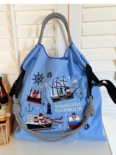 1pc Fashionable Versatile Embroidered Cartoon Pattern Lightweight Nylon Tote Bag, Foldable Commuter Shopping Bag