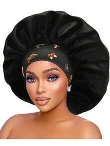 قبعة حرير للنوم للنساء ذات حافة واسعة وحزام مطاطي مطبوع، قبعة نوم من الحرير الناعم للشعر المجعد (نمط طباعة عشوائي)