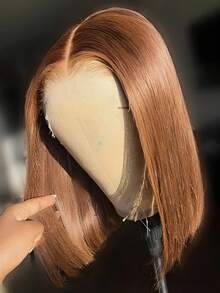 Tóc giả bob màu nâu nhạt, tóc thật, kiểu ren phía trước, đã tỉa sẵn, kích thước 13x4, mật độ 150, màu nâu sô cô la, tóc giả bob ngắn không cần keo, dài 16 inch. - S4 - Xem 5