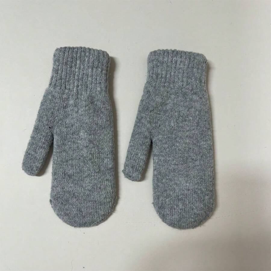 Winter Warm Gloves, Thickened Double-Layer Wool Knitted Mittens, Solid Color, Cold Protection - 淺灰色 - 查看 1