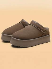 Women Fuzzy Slippers, Platform, Genuine Suede Leather, Snow Boots, Furry Home Slippers, Autumn Winter Indoor Outdoor Comfy Fuzzy Soft Thickened Flat Soles Shoes - 駝色 - 查看 1