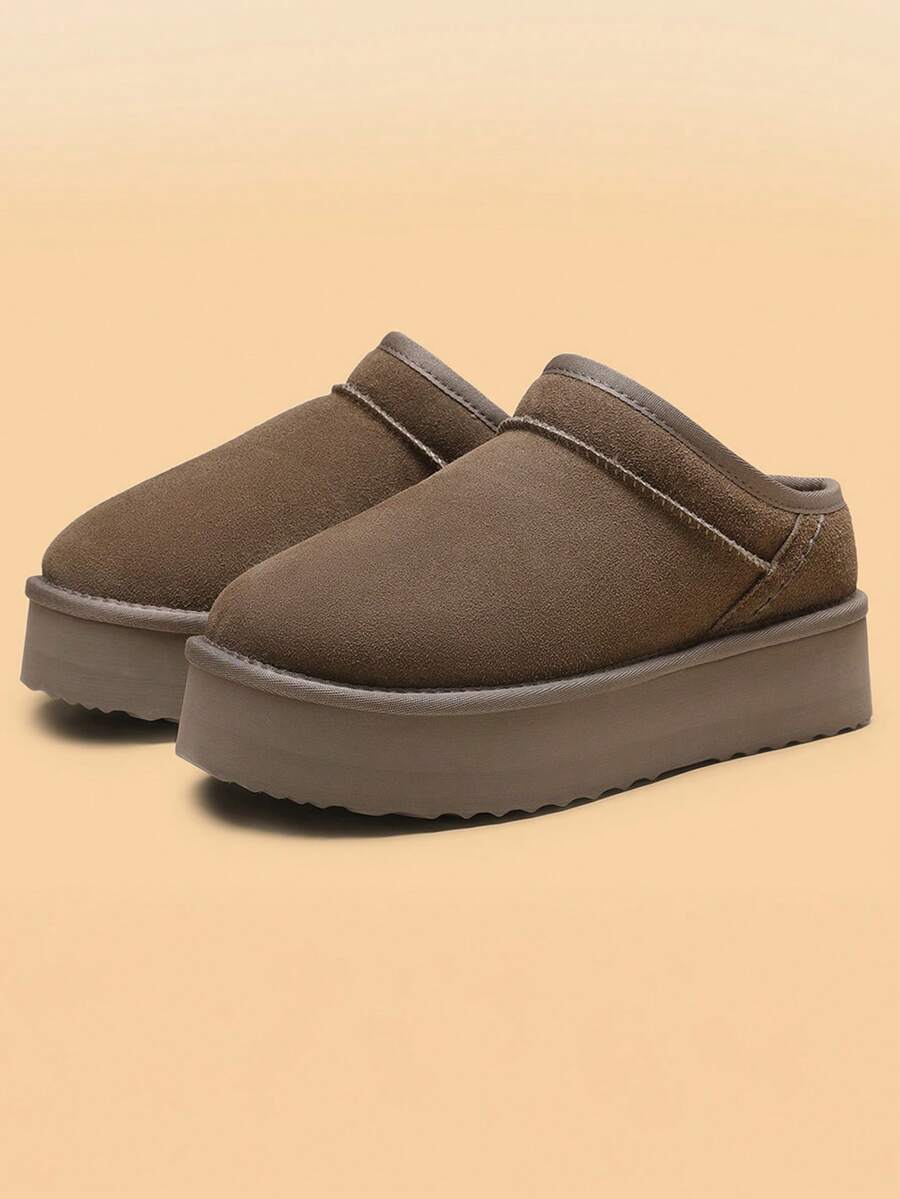 Women Fuzzy Slippers, Platform, Genuine Suede Leather, Snow Boots, Furry Home Slippers, Autumn Winter Indoor Outdoor Comfy Fuzzy Soft Thickened Flat Soles Shoes - 駝色 - 查看 1