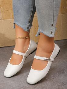 宽楦春秋新款时尚方头女式平底鞋，白色低帮PU休闲平底鞋，户外舒适，尺码36-43，轻便 - 白色 - 查看 4
