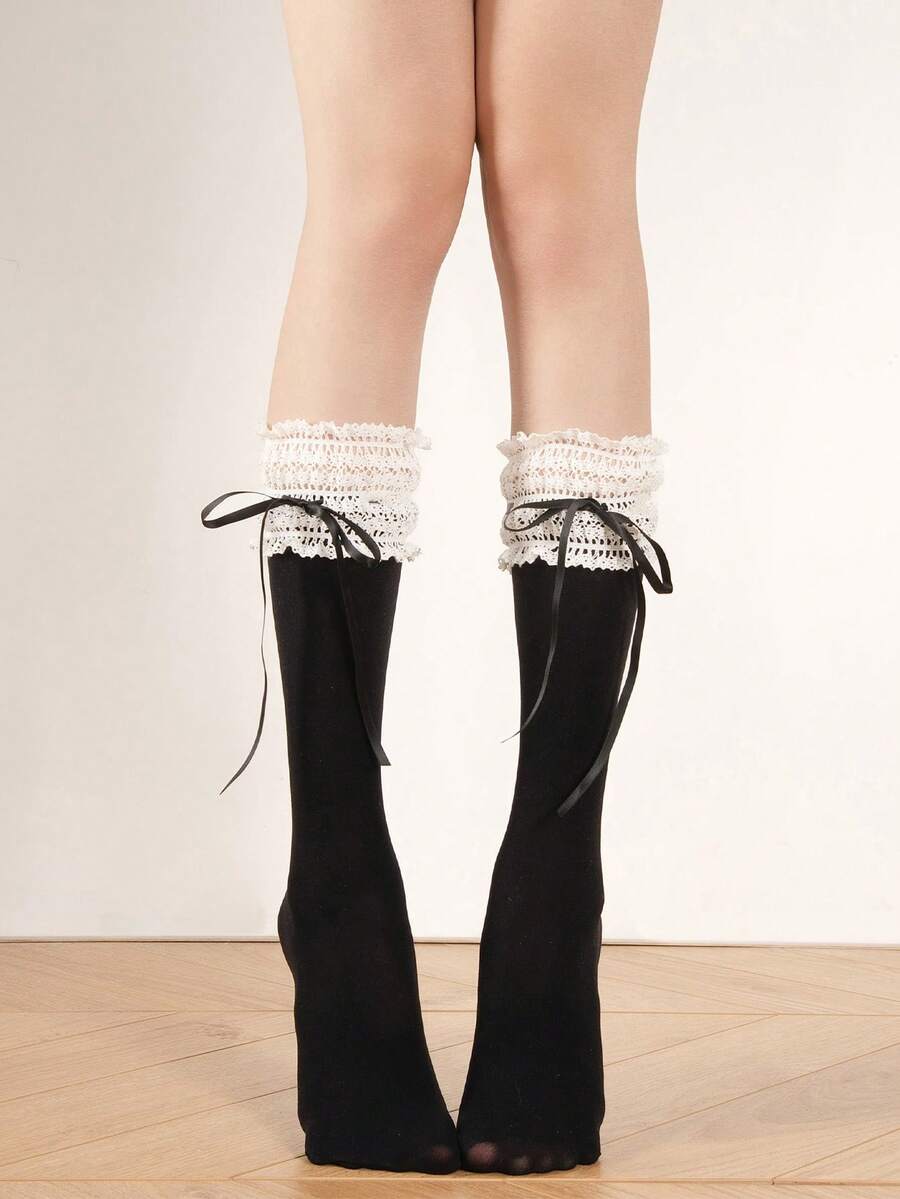 1 双蝴蝶结蕾丝边女式中筒袜，可爱甜美洛丽塔芭蕾风格，秋季袜子 - 彩色 - 查看 1