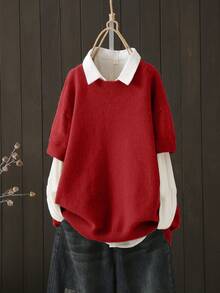 Plus Size Colorblock Casual Pullover Sweater, Autumn/Winter Spring - Red - View 1