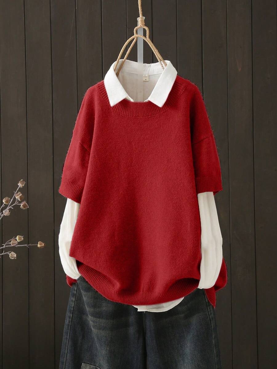 Plus Size Colorblock Casual Pullover Sweater, Autumn/Winter Spring - Red - View 1