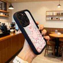 Funda de telefono con borde negro para iPhone 14 Pro Max funda rosa con estampado de cerdito caricatura sosteniendo algodón de azúcar sobre nubes suaves funda protectora para uso diario en cafeterías y salas de estar Aplicable a los teléfonos de la serie Apple y Galaxy - Negro - Ver 6
