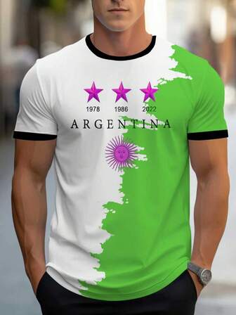 Camiseta casual de manga corta para hombre - Estampado de la bandera de Argentina, cuello redondo, lavable, tela ligera y transpirable, adecuada para uso casual u deportes al aire libre, ropa para todas las estaciones | Camisa fácil de usar | Ropa casual duradera, Camiseta de manga corta