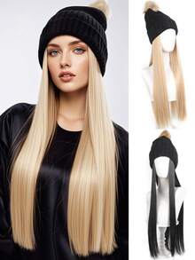 Winter Warm Knitted Beanie Hat Hair Extension Long Straight Hair Hat Synthetic Wig With Fluffy Pom Hat For Women Suitable For Daily Wear And Gatherings - Multicolor - View 2