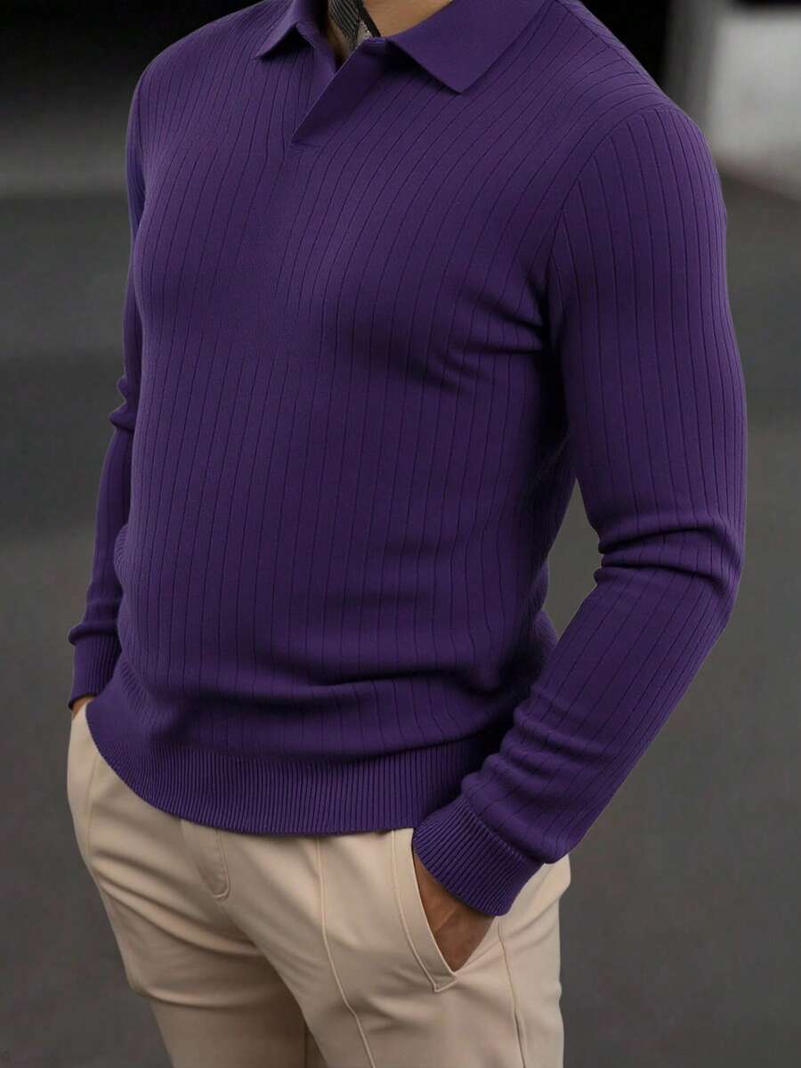 Polo para hombre de manga larga, ideal para otoño e invierno. Con diseño acanalado de líneas verticales, tejido suave y cómodo, cuello clásico y ajuste moderno. Perfecto para combinar con jeans y pantalones casuales, ofrece un estilo elegante y versátil para reuniones, trabajo o salidas cotidianas, brindando sofisticación y confort en todo momento. - Morado - Ver 1