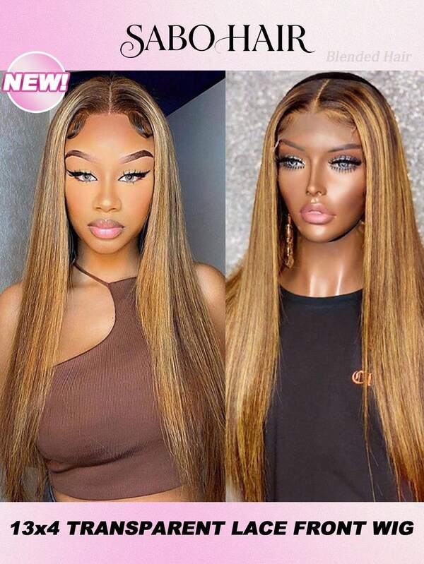 34 Zoll lange gerade Spitzenfront 4/27 Highlight Perücken aus Echthaar-Mischung, 13x4 HD transparente Spitzenfront-Mischperücken für Frauen, brasilianisches Jungfernhaar-Spitzenfront-Perücke mit 200% Dichte, vorausgerupft mit natürlicher Haaransatz und Babyhaar für Frauengebrauch