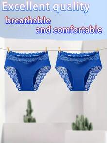 1件装女士纯色高弹力蕾丝边性感舒适日常三角内裤 - 藍色 - 查看 5