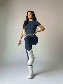 Women's Short-Sleeve Long Pants Slim-Fit Casual Activewear Set, Comfortable & Breathable, Suitable For Sports And Leisure Wear - 藏蓝色 - 查看 7