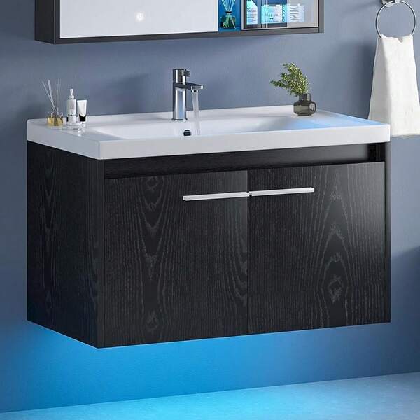 LED Floating Bathroom Vanity With Sink, Modern Bathroom Sink Cabinet With 2 Doors And Metal Handles, Small Bathroom Storage Vanity Cabinet, Bathroom Vanity With Sink, Black/ White/ Grey (USB LED Strip)