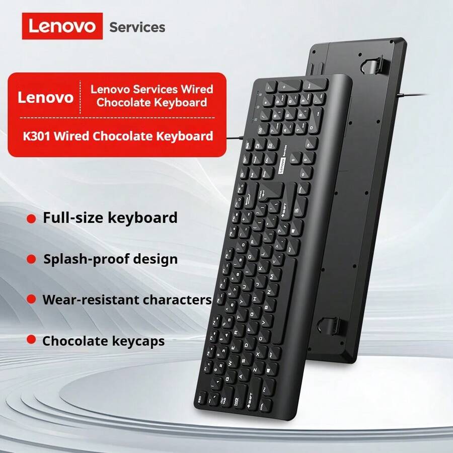 联想 K301 有线键盘，USB 接口，巧克力键盘设计，适用于办公和家庭使用，台式机和笔记本电脑，带支架 - 黑色 - 查看 1